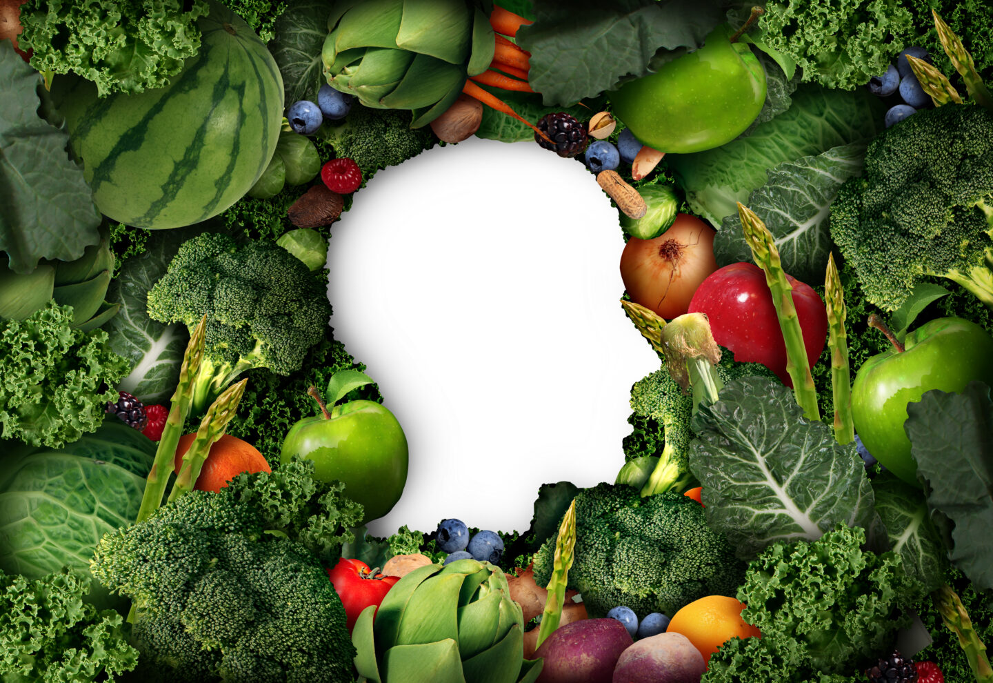 Fruit and vegetable thinking for human healthy diet concept as farm fresh produce shaped as a head symbol with vegetables and healthy natural food in a 3D illustration style.